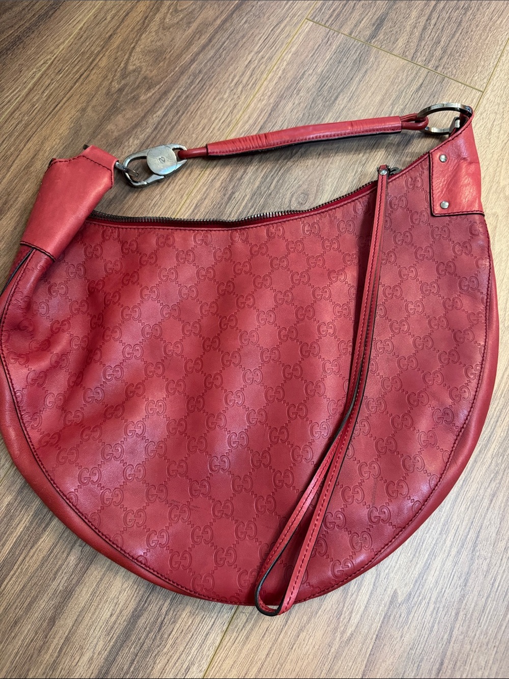 Gucci Red Monogram Leather Hobo Shoulder Bag